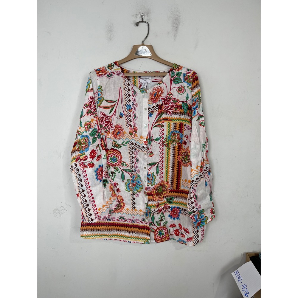 Halston Women 1X Linen Button Up Blouse Floral Geometric Patchwork Multi‎ Color
